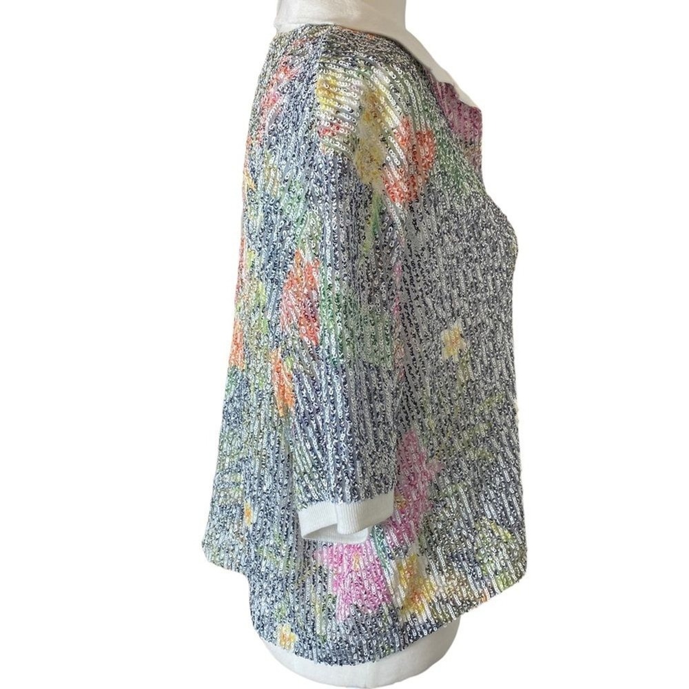 In The Mood For Love Sequin Floral Crop Top Linen Silk Boxy Collared L - Picture 8 of 16